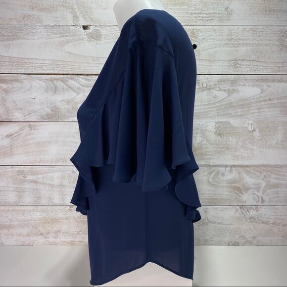 BCBGMAXAZRIA Navy Blue Solid Ruffle Short Sleeve Polyester Blouse Top Size XS - Picture 4 of 10
